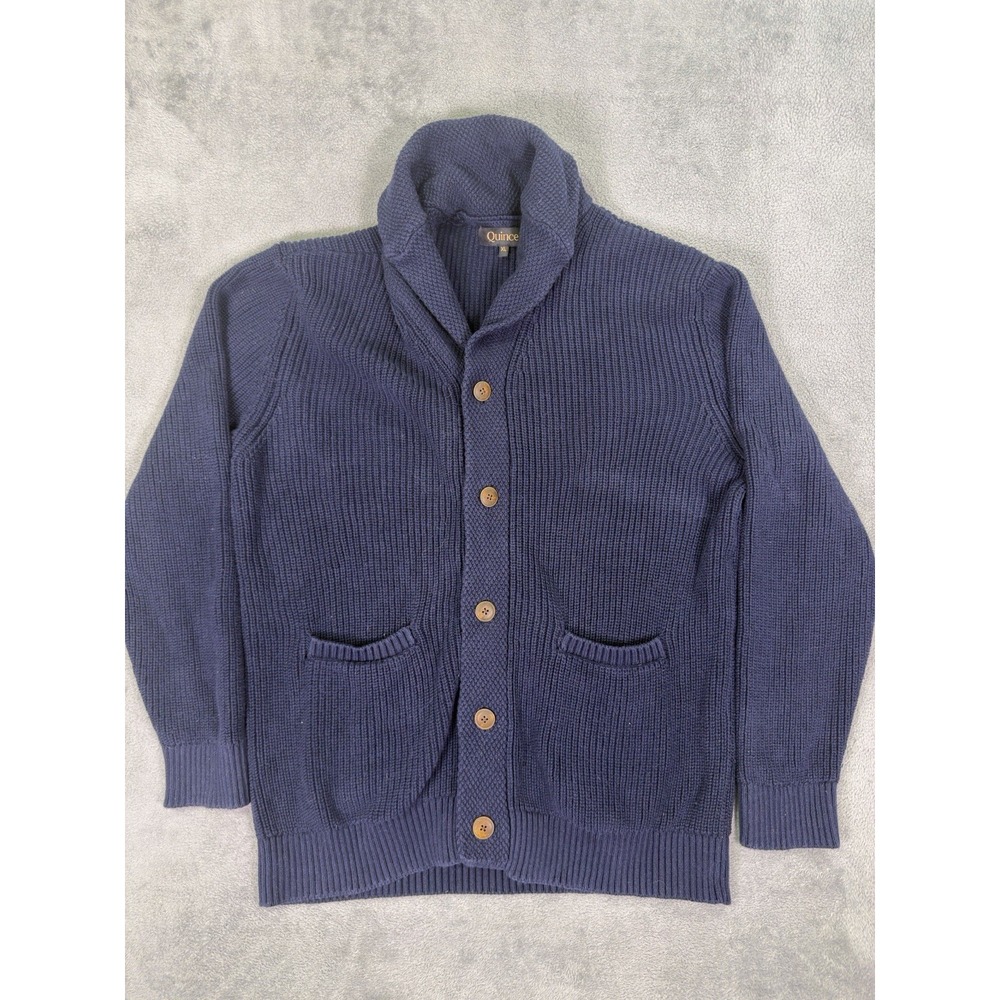 Quince Cardigan Sweater Mens XL Navy Blue 100% Organic Cotton Ribbed Shawl